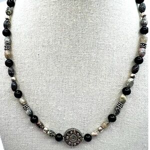 Black Agate & Picasso Stone Necklace With Tribal Sun Pendant